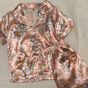 Pink Floral & Bunny Satin Pajama Set